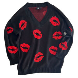 Madden NYC Black Lip-Print V-Neck Sweater – Women’s L